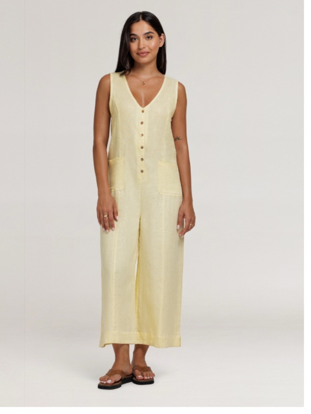 Nomad The Label Sleeveless V-Neck Wide-Leg Jumpsuit in Pale Yellow NWT